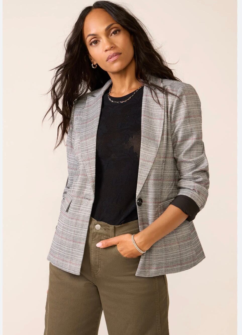 Evereve Plaid Blazer - Size Large - Grey Multi -